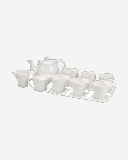 Shallow Bone China Tea Set, White - 15-Piece Set with 1050ml Teapot, 175ml Creamer, 175ml Sugar Bowl, 6x 150ml Cups, and 6 Saucers