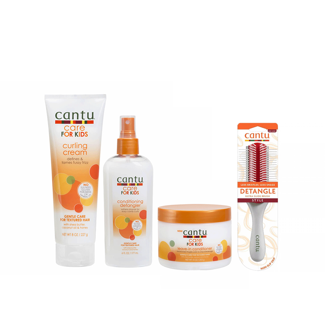 CANTU  KIDS CARE BUNDLE SET-  LEAVE IN CONDTIONER 263 G+ DETANGLER 177 ML+ CURLING CREAM 3/12 227G+Glide Brush