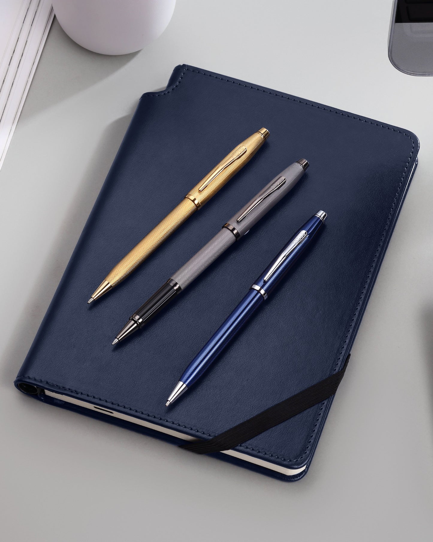 Cross Century II Polished Translucent Ballpoint Pen Cobalt Blue Engraved Diamond Pattern with Polished Chrome 