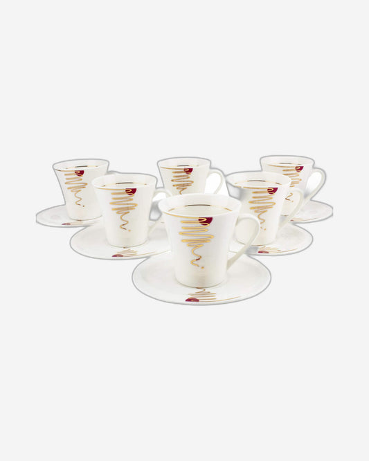 Shallow Bone China Cups and Saucers Set, White/Gold, 200ml, 12 Pieces – Elegant Tea and Coffee Set