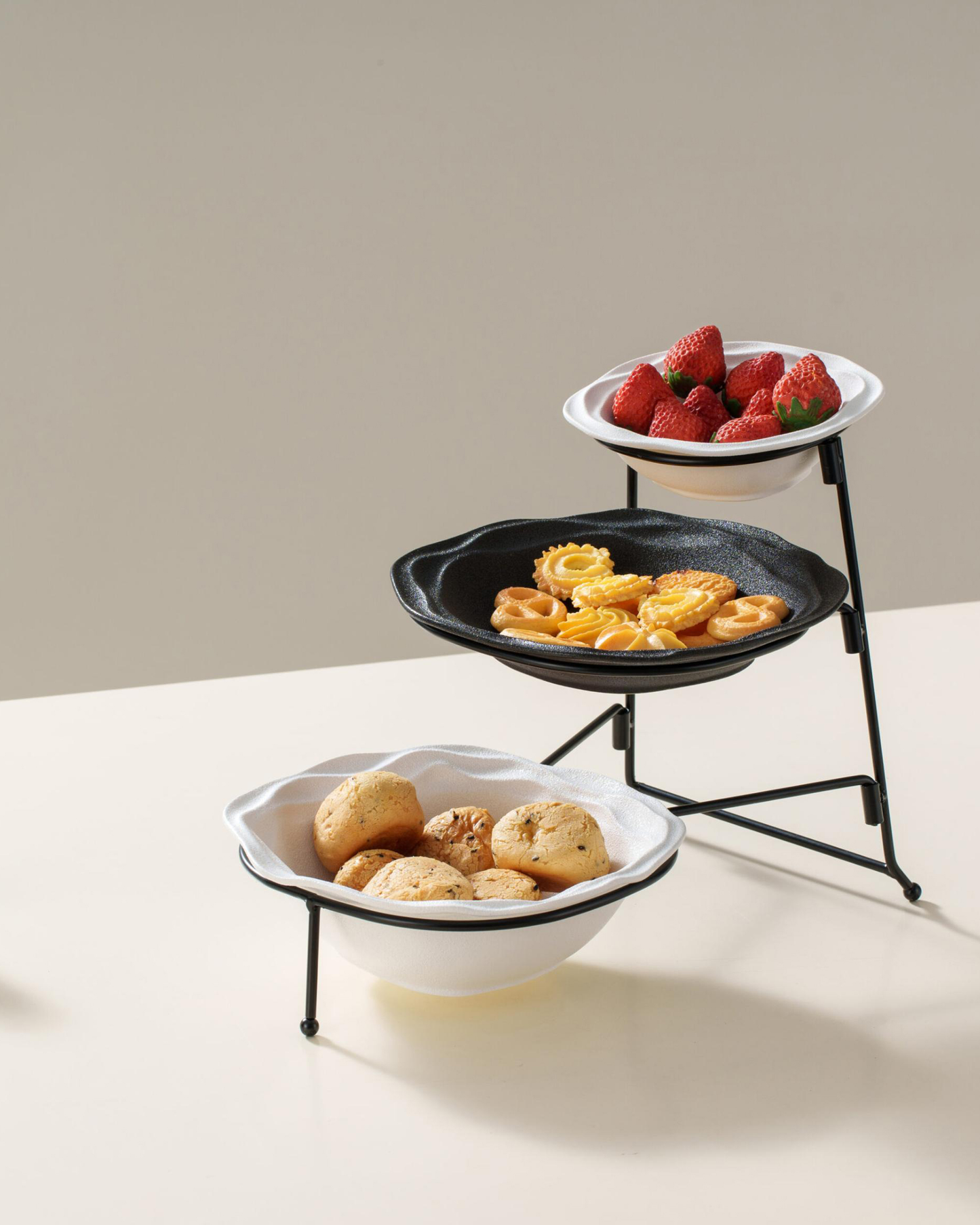 Shallow 3-Tier Porcelain Bowl Set with Stand