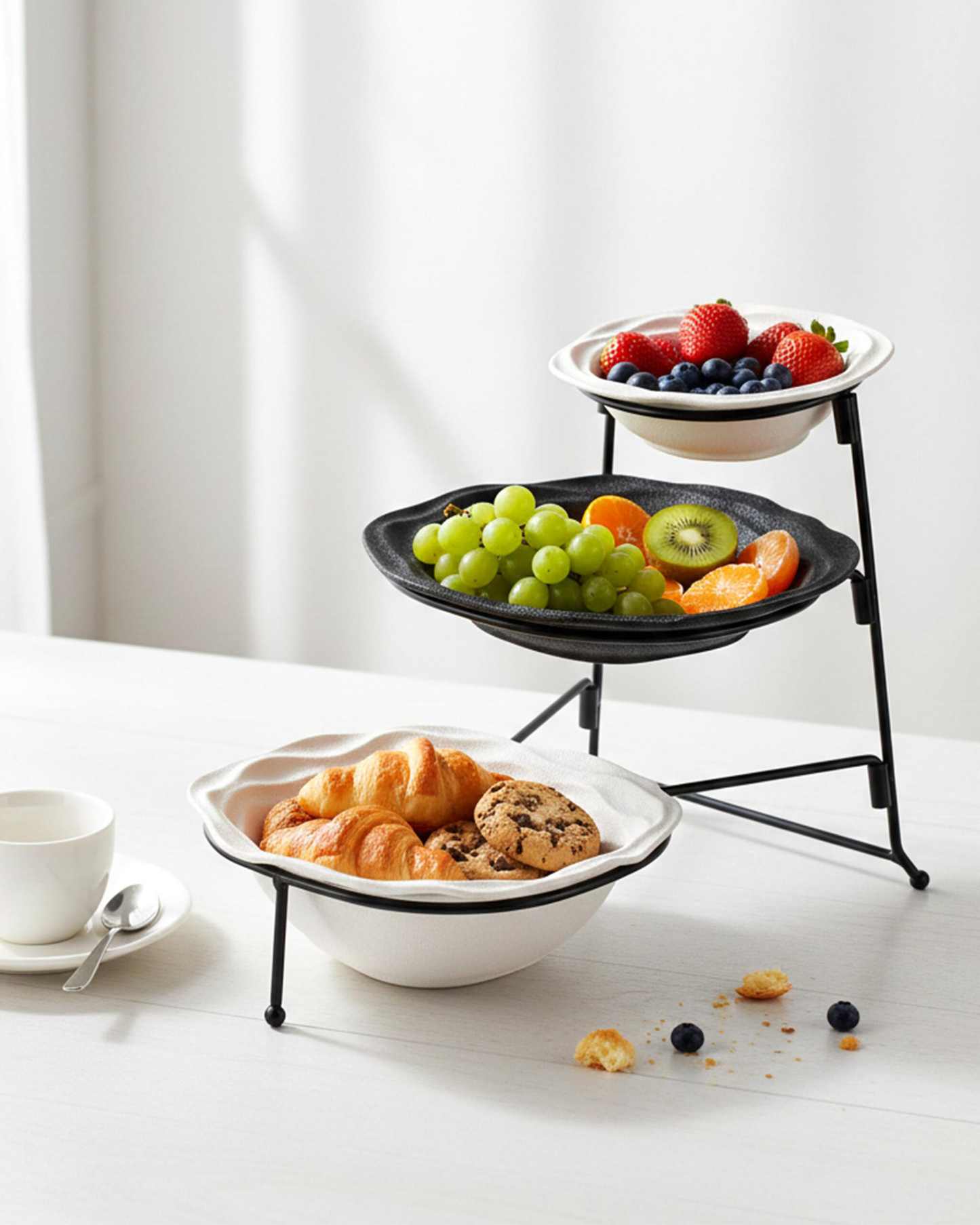 Shallow 3-Tier Porcelain Bowl Set with Stand