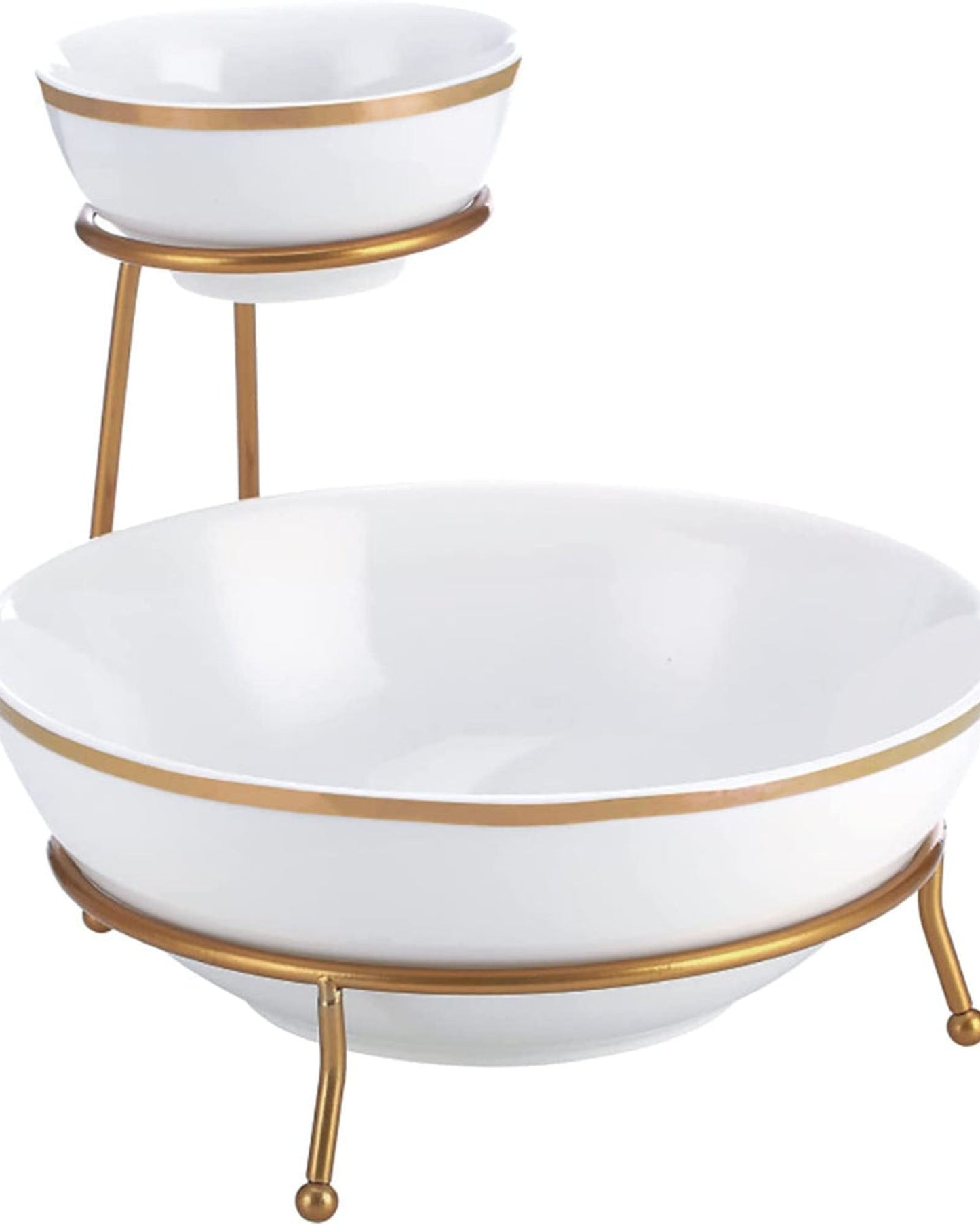 Shallow 4.75"/9.25" Chip & Dip Bowl Set With Gold Stand and Decal, Tied Serving Tray Food Display Dessert Appetizer, Serving Plate Set for Parties, Gold, White/Gold