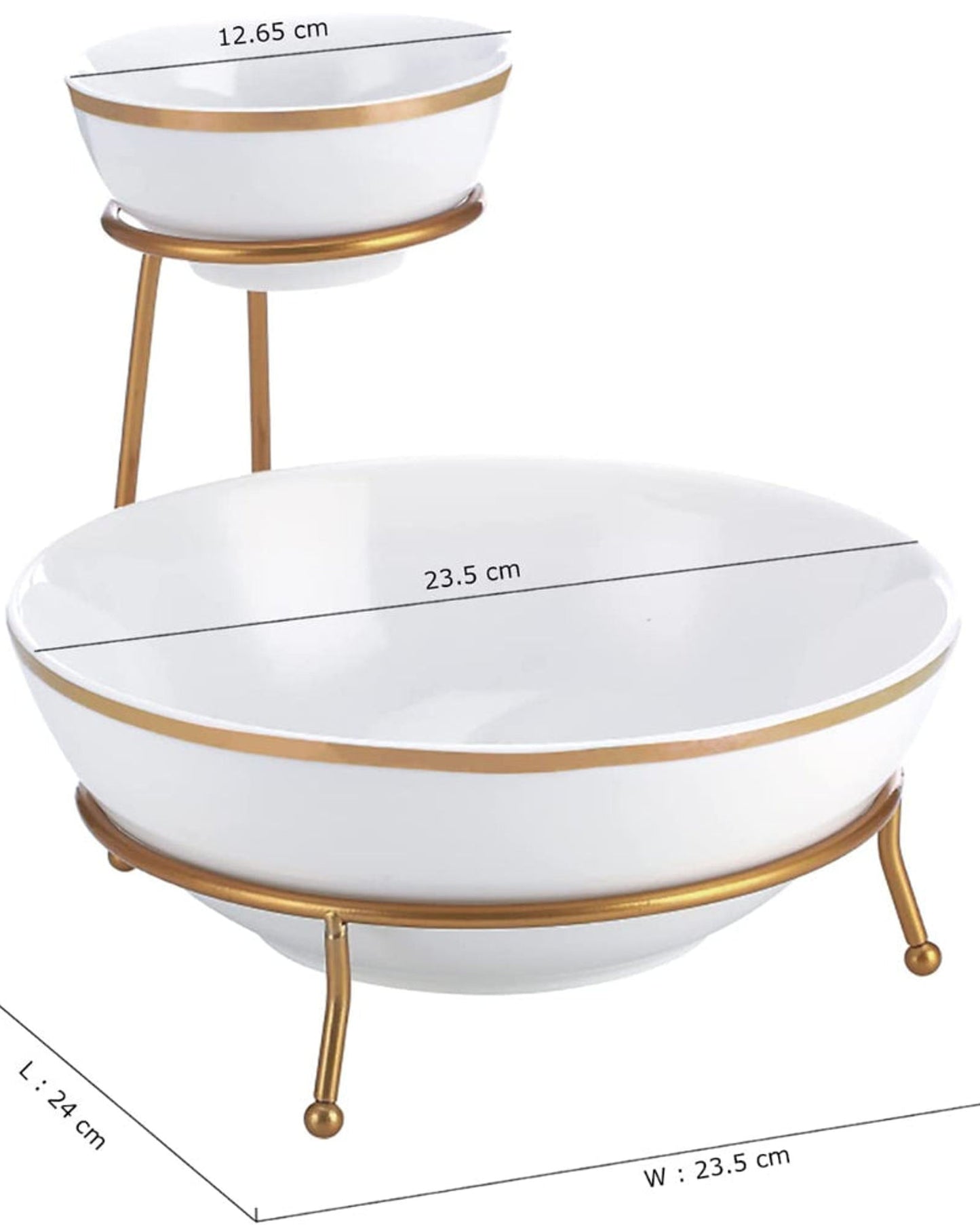 Shallow 4.75"/9.25" Chip & Dip Bowl Set With Gold Stand and Decal, Tied Serving Tray Food Display Dessert Appetizer, Serving Plate Set for Parties, Gold, White/Gold