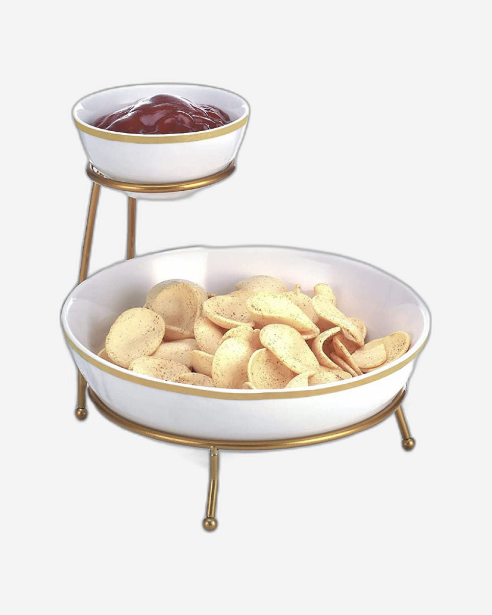 Shallow 4.75"/9.25" Chip & Dip Bowl Set With Gold Stand and Decal, Tied Serving Tray Food Display Dessert Appetizer, Serving Plate Set for Parties, Gold, White/Gold