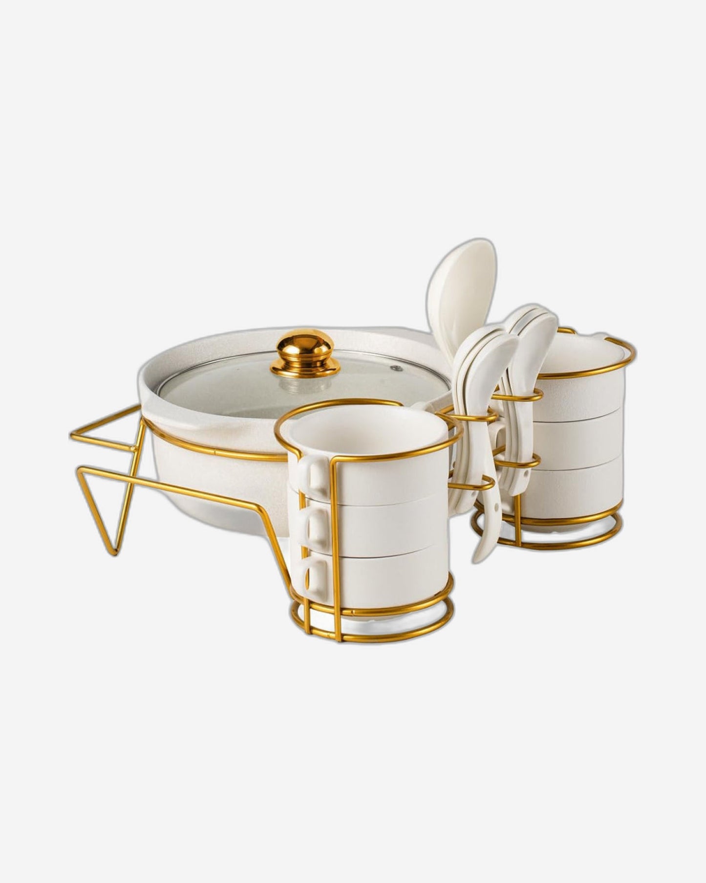Shallow Porcelain 16-Piece Soup Set with Matt Fleck Gold Stand Rack – Elegant Soup Bowls & Spoons Set for Special Occasions