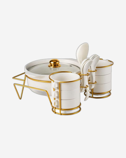 Shallow Porcelain 16-Piece Soup Set with Matt Fleck Gold Stand Rack – Elegant Soup Bowls & Spoons Set for Special Occasions