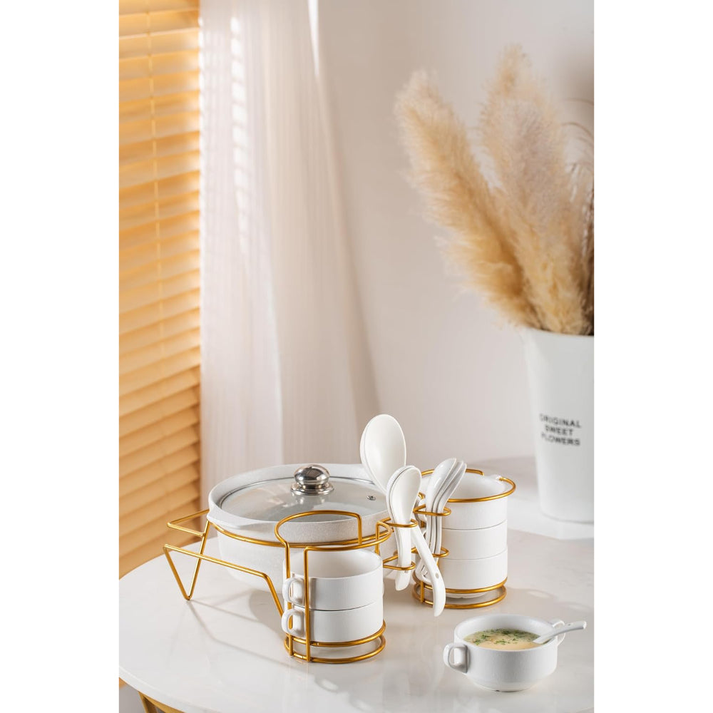 Shallow Porcelain 16-Piece Soup Set with Matt Fleck Gold Stand Rack – Elegant Soup Bowls & Spoons Set for Special Occasions