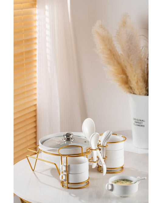 Shallow Porcelain 16-Piece Soup Set with Matt Fleck Gold Stand Rack – Elegant Soup Bowls & Spoons Set for Special Occasions