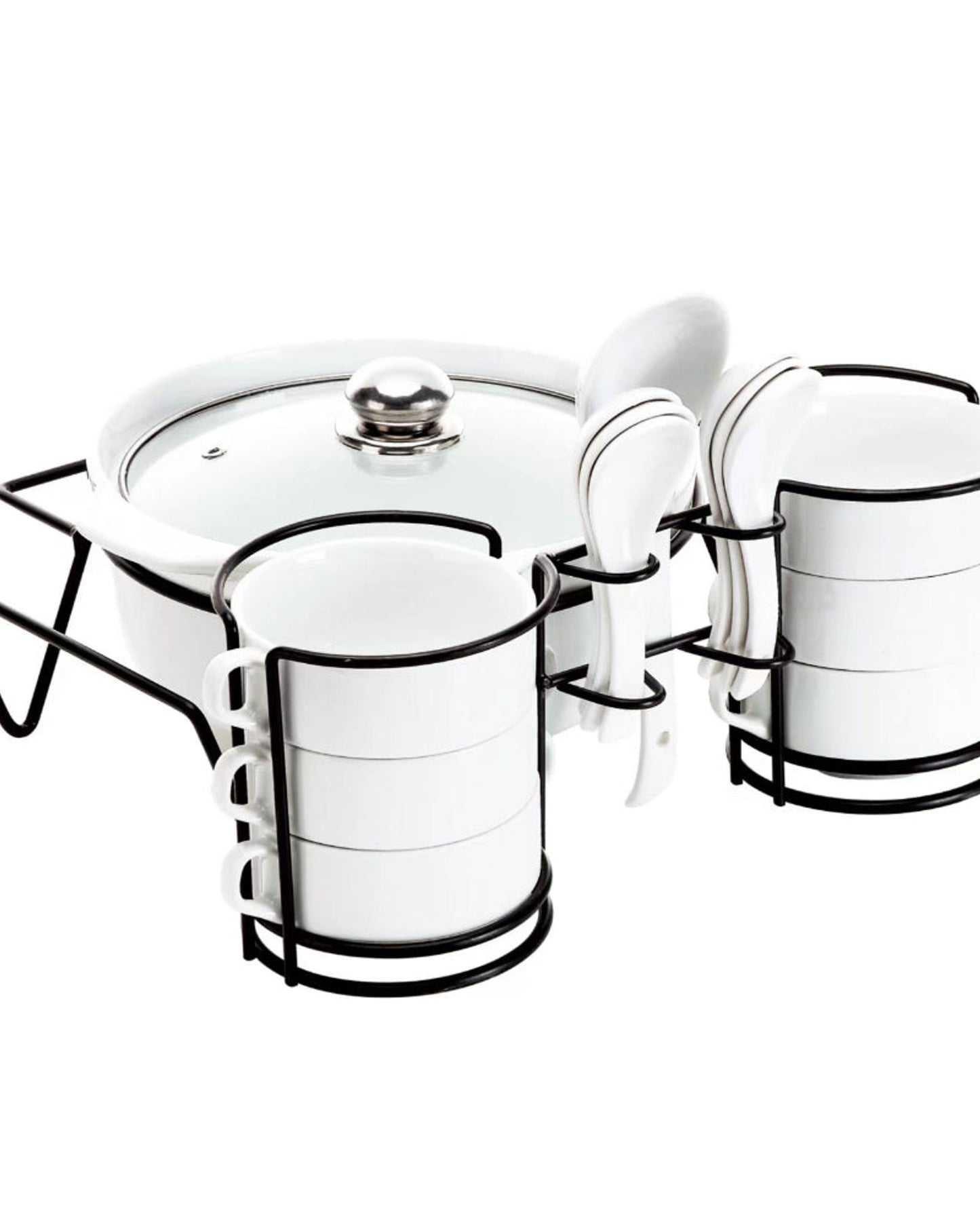 Shallow White soup set with Black Metal Stand 15 pieces