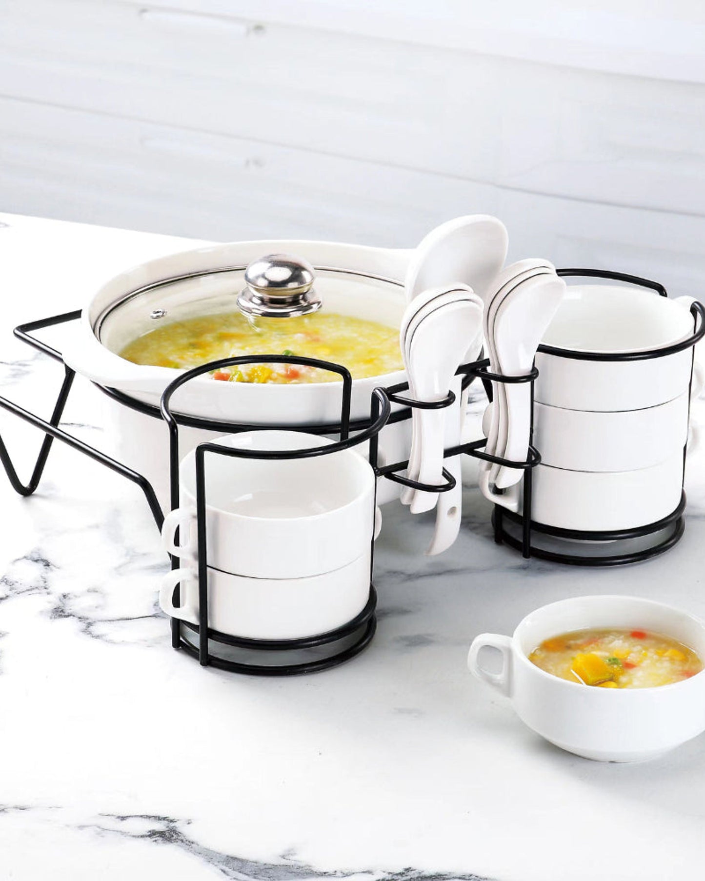 Shallow White soup set with Black Metal Stand 15 pieces