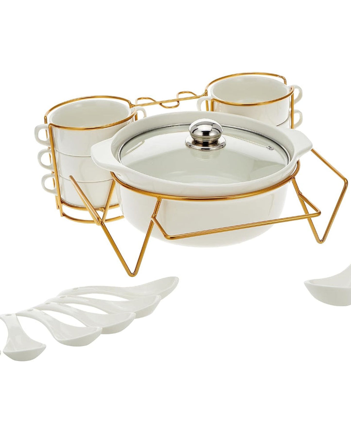 Bone China Shallow White soup set with Golden Metal Stand 15 pieces
