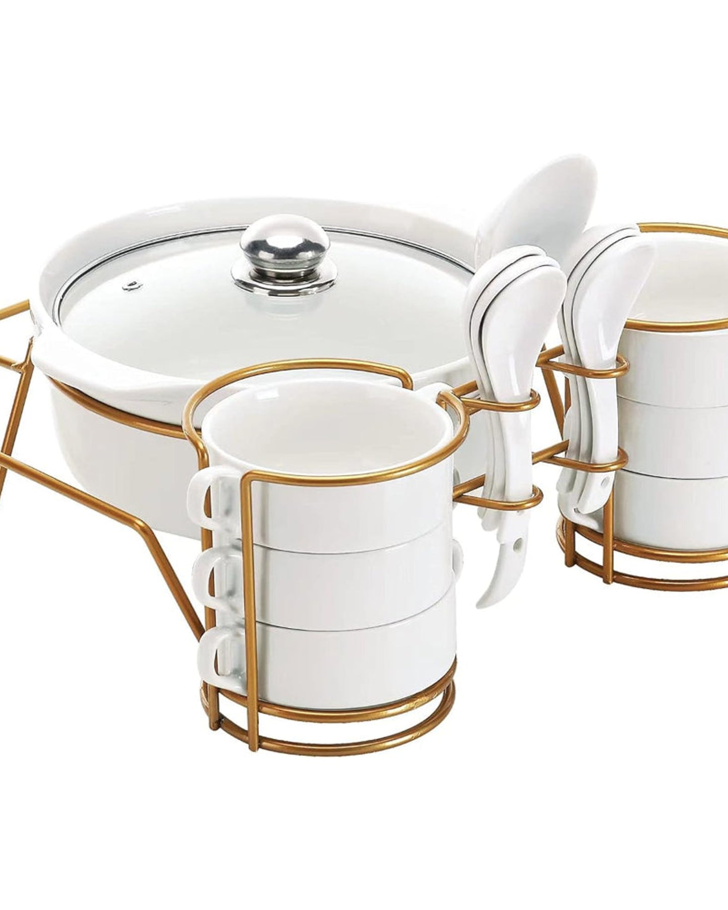 Bone China Shallow White soup set with Golden Metal Stand 15 pieces