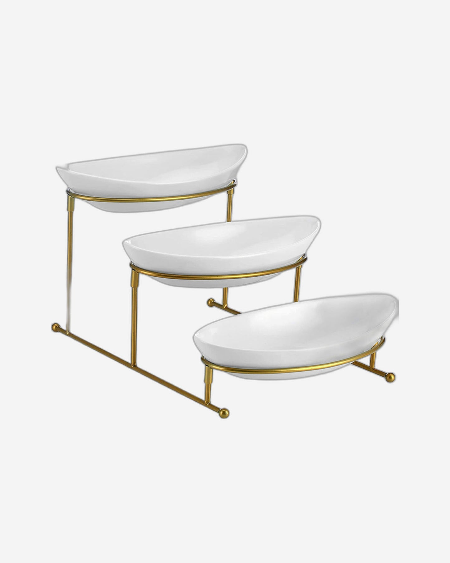 Shallow 11inches 3 Tier Oval Bowl with Gold Stand, Tied Serving Tray Food Display Dessert Appetizer, Serving Bowl Fruit Chip Dip Bowl Set for Parties, Gold, White/Gold