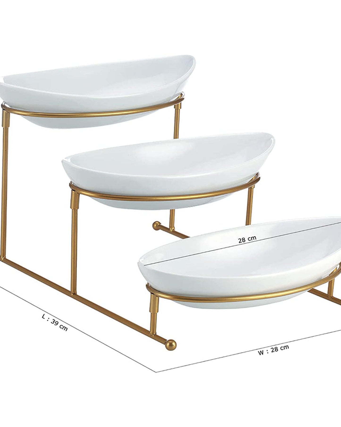 Shallow 11inches 3 Tier Oval Bowl with Gold Stand, Tied Serving Tray Food Display Dessert Appetizer, Serving Bowl Fruit Chip Dip Bowl Set for Parties, Gold, White/Gold