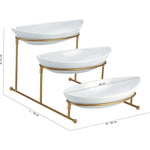 Shallow 11inches 3 Tier Oval Bowl with Gold Stand, Tied Serving Tray Food Display Dessert Appetizer, Serving Bowl Fruit Chip Dip Bowl Set for Parties, Gold, White/Gold