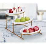 Shallow 11inches 3 Tier Oval Bowl with Gold Stand, Tied Serving Tray Food Display Dessert Appetizer, Serving Bowl Fruit Chip Dip Bowl Set for Parties, Gold, White/Gold