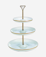 Bone China Shallow 7"/9"/11" 3 Tier Round Plate with Gold Stand and Decal, Tied Serving Tray Food Display Dessert Appetizer, Serving Plate Set for Parties, Gold, White/Gold, DY178-DG