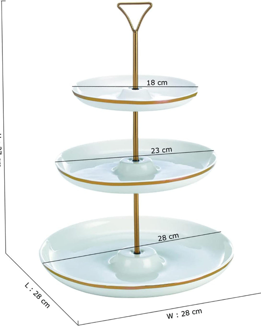 Bone China Shallow 7"/9"/11" 3 Tier Round Plate with Gold Stand and Decal, Tied Serving Tray Food Display Dessert Appetizer, Serving Plate Set for Parties, Gold, White/Gold, DY178-DG