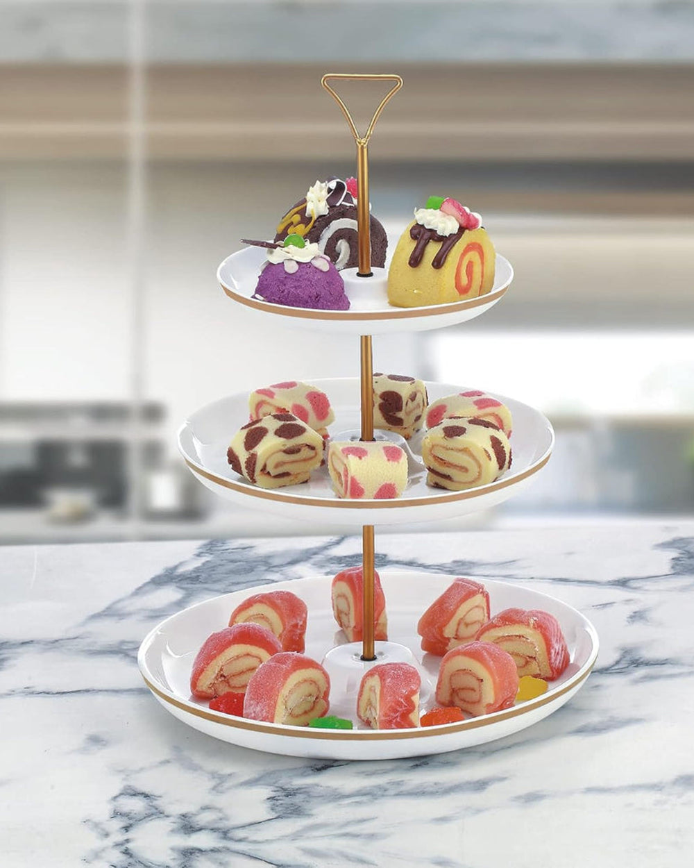 Bone China Shallow 7"/9"/11" 3 Tier Round Plate with Gold Stand and Decal, Tied Serving Tray Food Display Dessert Appetizer, Serving Plate Set for Parties, Gold, White/Gold, DY178-DG