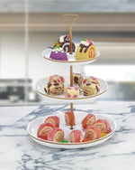 Bone China Shallow 7"/9"/11" 3 Tier Round Plate with Gold Stand and Decal, Tied Serving Tray Food Display Dessert Appetizer, Serving Plate Set for Parties, Gold, White/Gold, DY178-DG