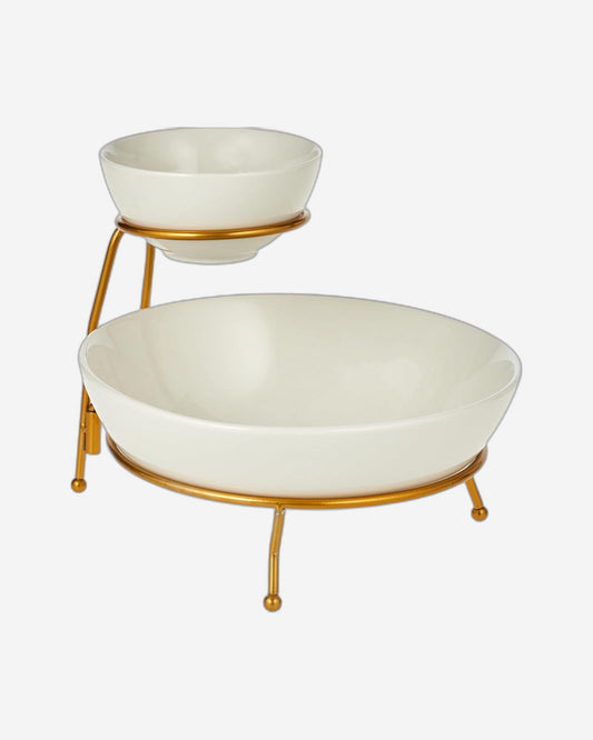 Shallow Chip and Dip Serving Set, 2-Tier Chip and Dip Bowls with Stand, White/Gold – Elegant Porcelain Snack Serving Set for Parties