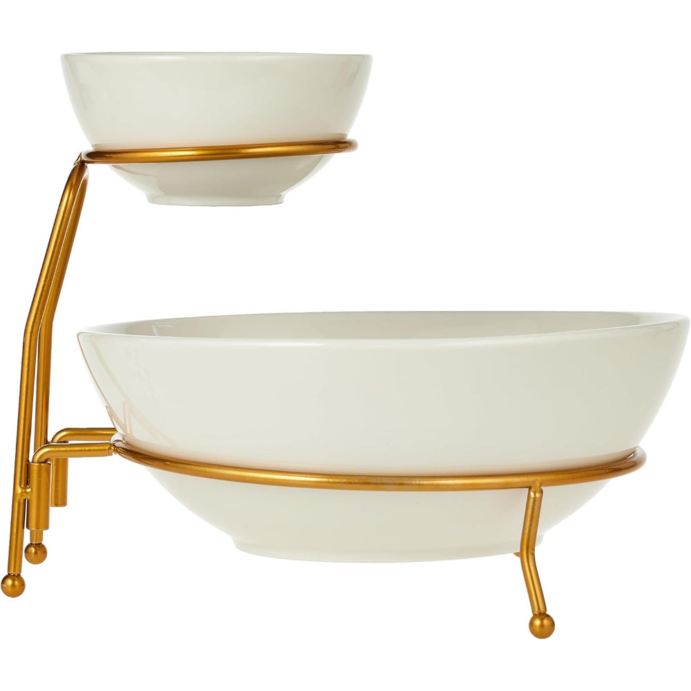 Shallow Chip and Dip Serving Set, 2-Tier Chip and Dip Bowls with Stand, White/Gold – Elegant Porcelain Snack Serving Set for Parties