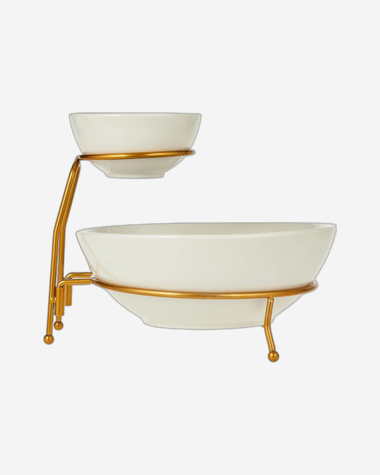 Shallow Chip and Dip Serving Set, 2-Tier Chip and Dip Bowls with Stand, White/Gold – Elegant Porcelain Snack Serving Set for Parties