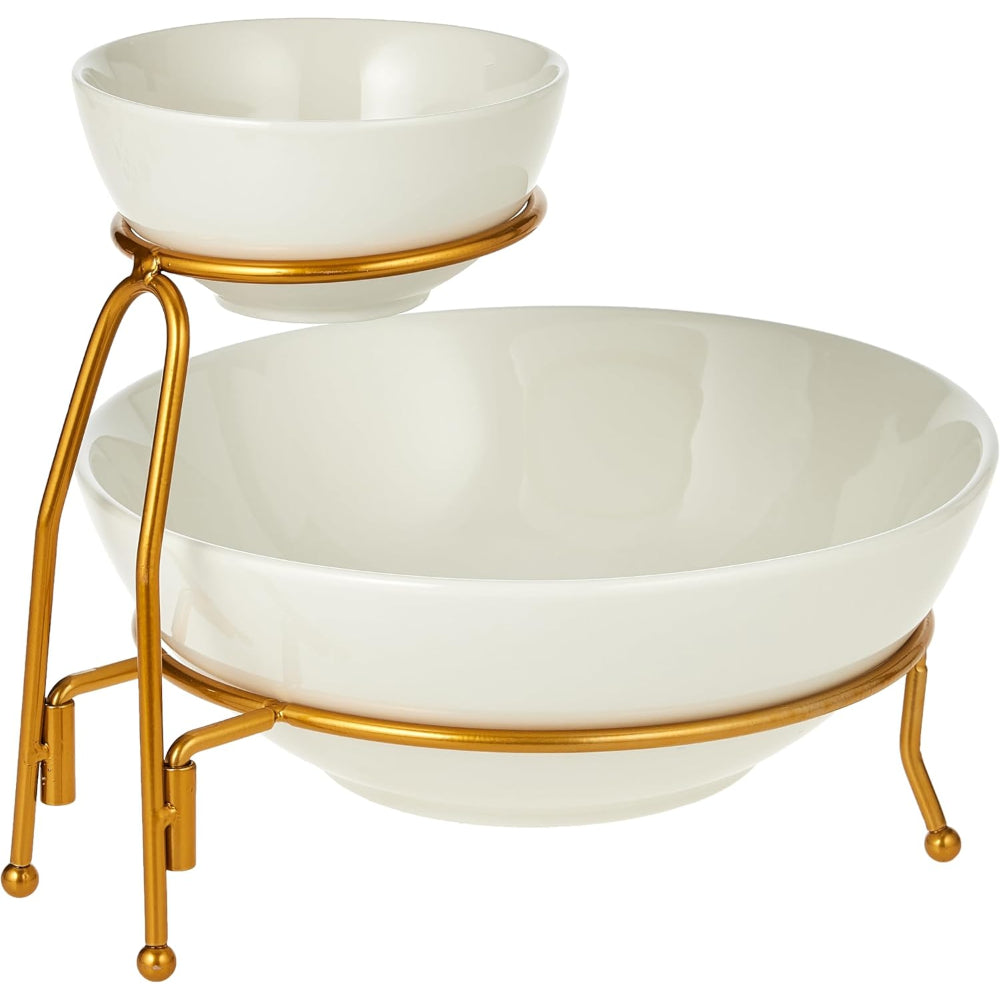 Shallow Chip and Dip Serving Set, 2-Tier Chip and Dip Bowls with Stand, White/Gold – Elegant Porcelain Snack Serving Set for Parties