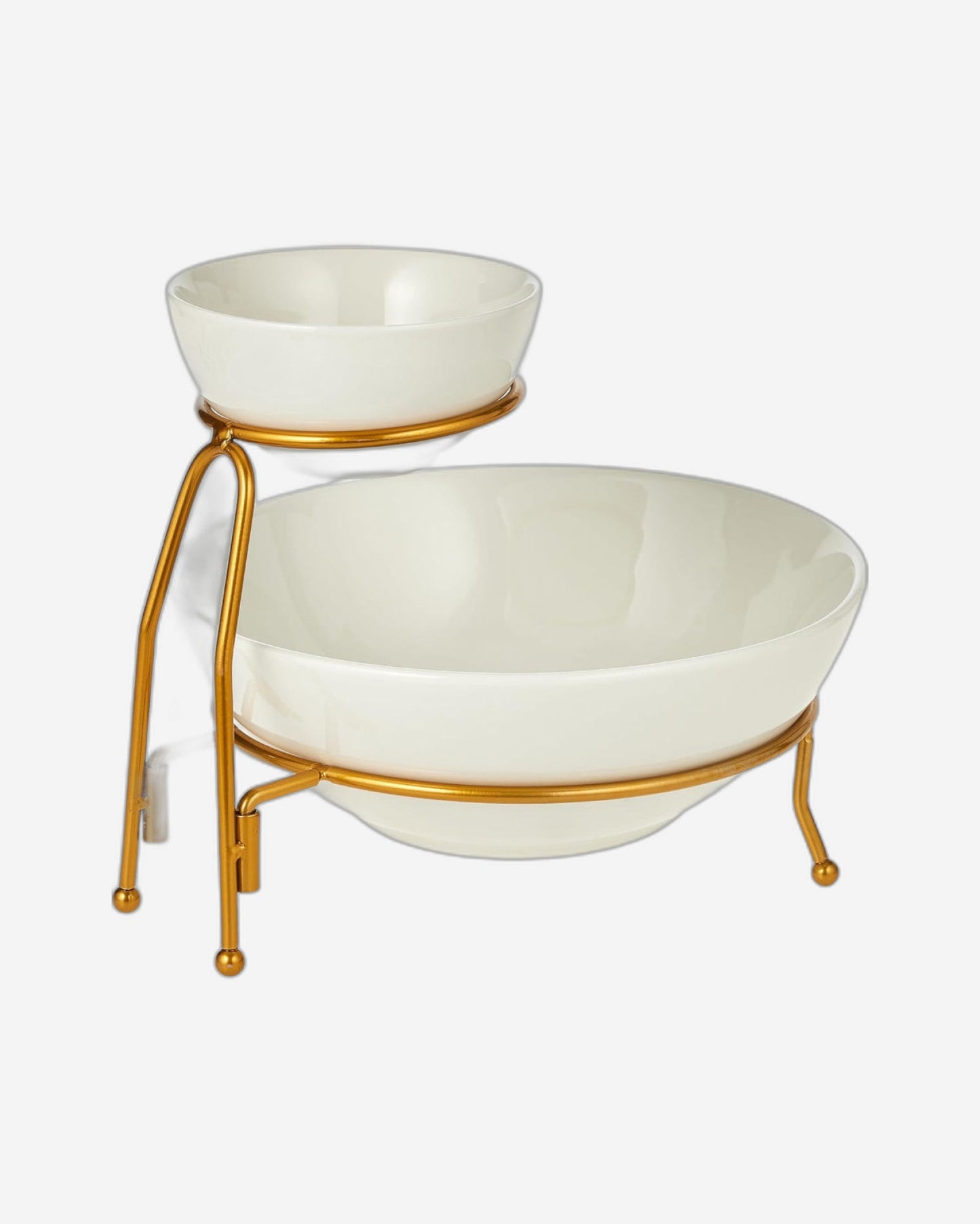 Shallow Chip and Dip Serving Set, 2-Tier Chip and Dip Bowls with Stand, White/Gold – Elegant Porcelain Snack Serving Set for Parties