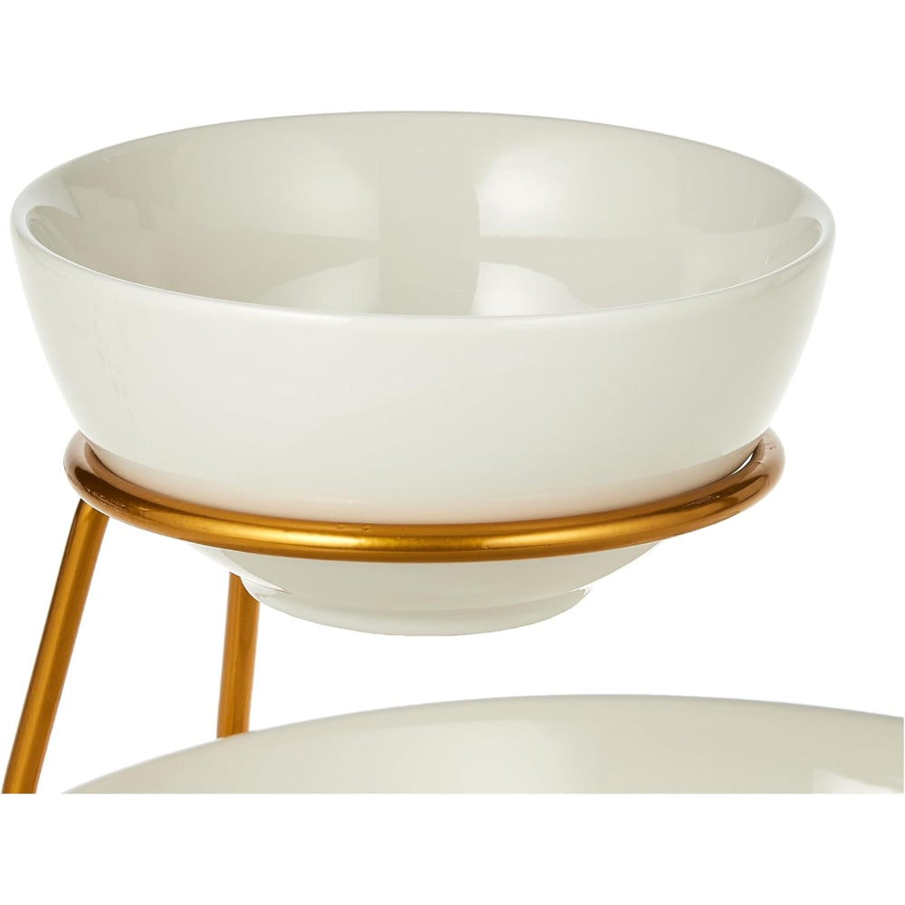 Shallow Chip and Dip Serving Set, 2-Tier Chip and Dip Bowls with Stand, White/Gold – Elegant Porcelain Snack Serving Set for Parties