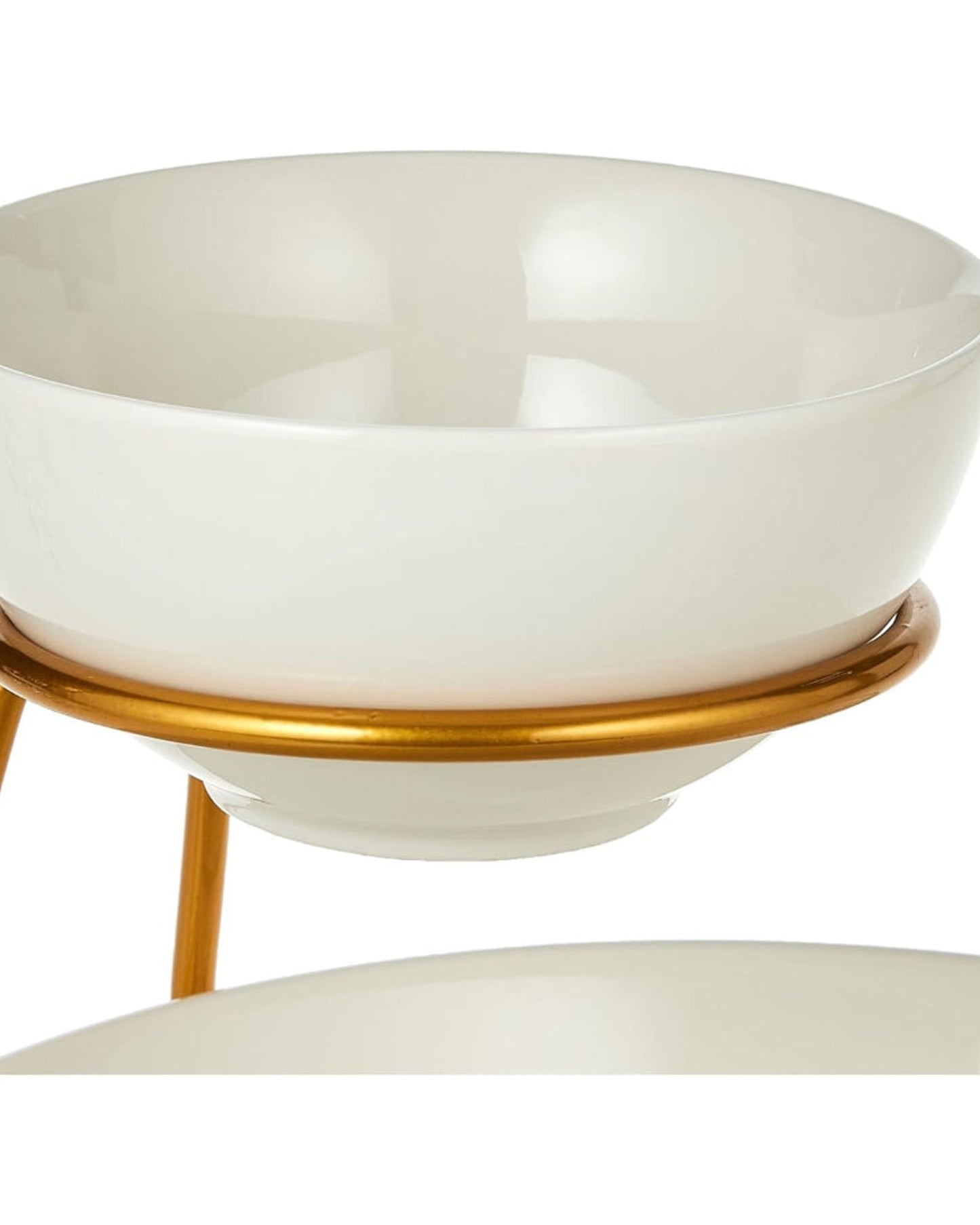 Shallow Chip and Dip Serving Set, 2-Tier Chip and Dip Bowls with Stand, White/Gold – Elegant Porcelain Snack Serving Set for Parties