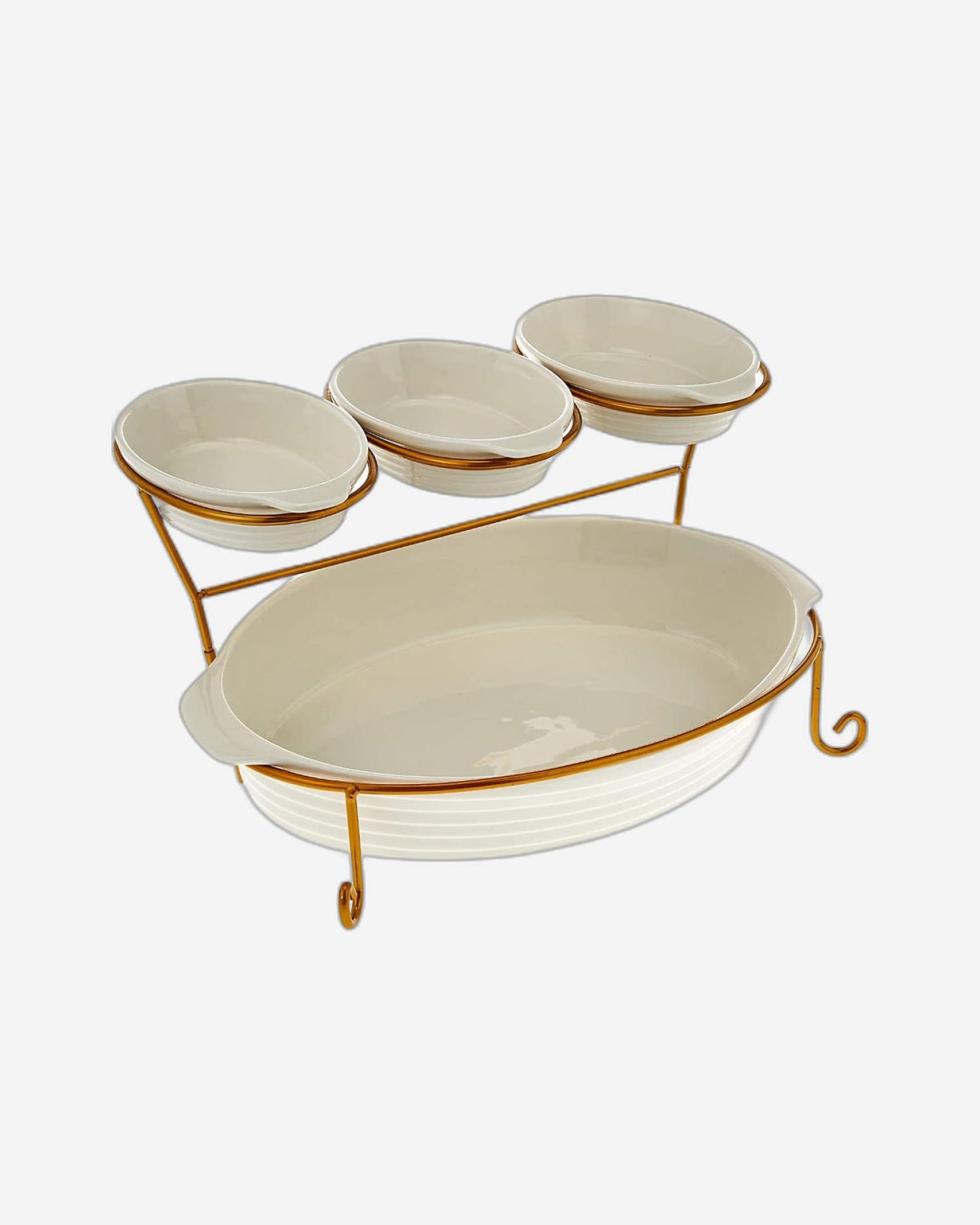 Bone China Shallow 16"/8" 2-Tier Oval Baker with Gold Stand, White - Elegant Porcelain Baking and Serving Dish Set