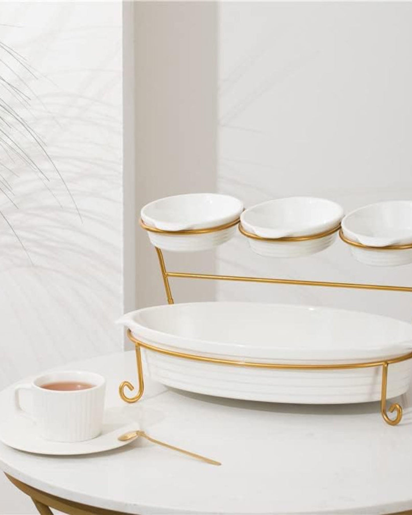 Bone China Shallow 16"/8" 2-Tier Oval Baker with Gold Stand, White - Elegant Porcelain Baking and Serving Dish Set