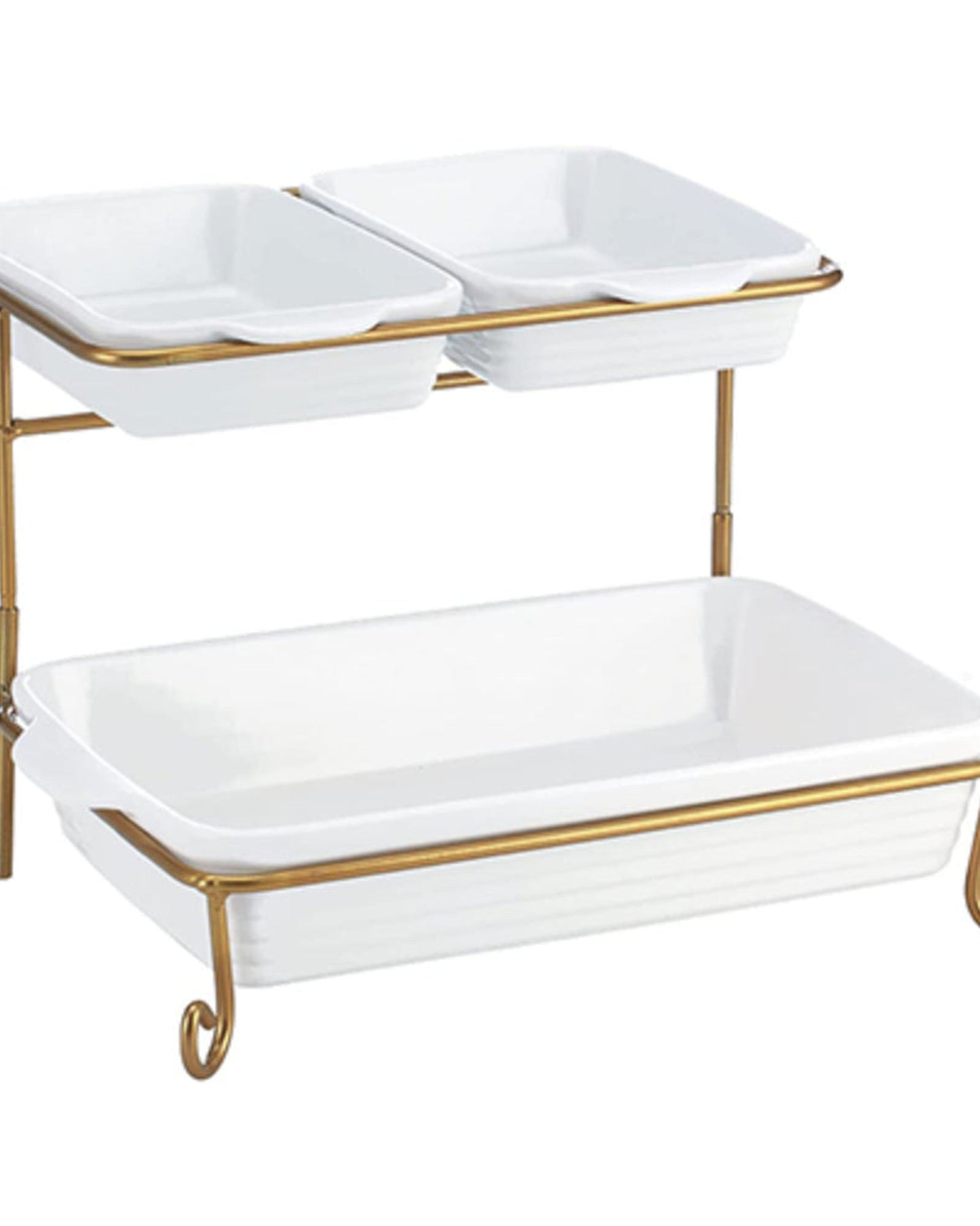 Shallow 8"/12" 2 Tier Rectangle Serving Set with Gold Stand, Tied Serving Tray Food Display Dessert Appetizer, Serving Plate Set for Parties, Gold, White/Gold