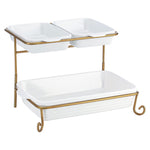 Shallow 8"/12" 2 Tier Rectangle Serving Set with Gold Stand, Tied Serving Tray Food Display Dessert Appetizer, Serving Plate Set for Parties, Gold, White/Gold