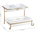 Shallow 8"/12" 2 Tier Rectangle Serving Set with Gold Stand, Tied Serving Tray Food Display Dessert Appetizer, Serving Plate Set for Parties, Gold, White/Gold
