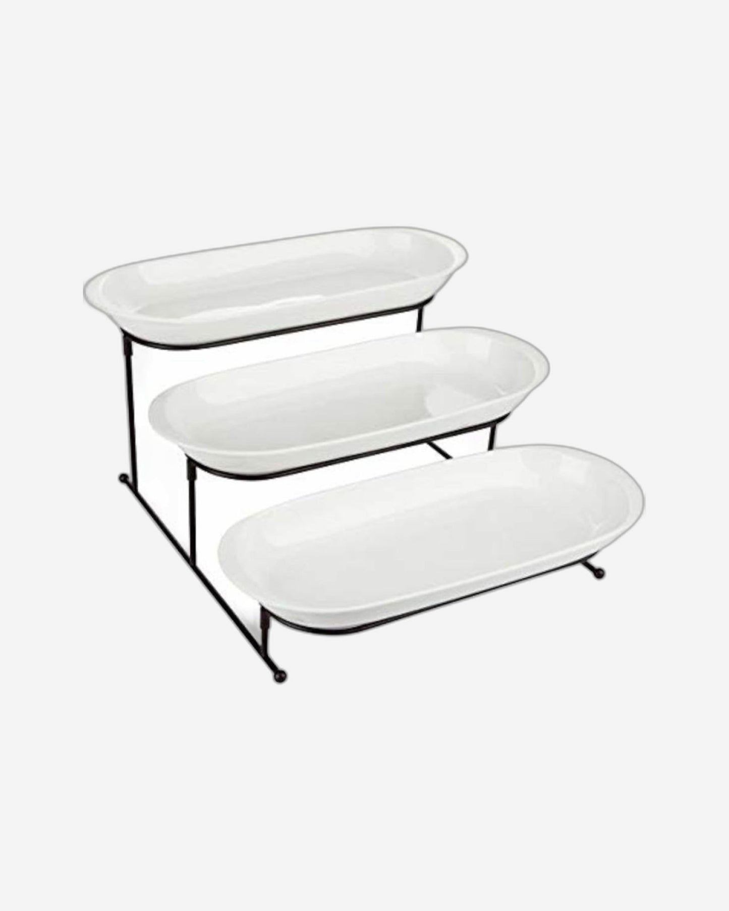 Shallow 3 Tier Porcelain Oval Plate with Stand, White, 3x40 cm