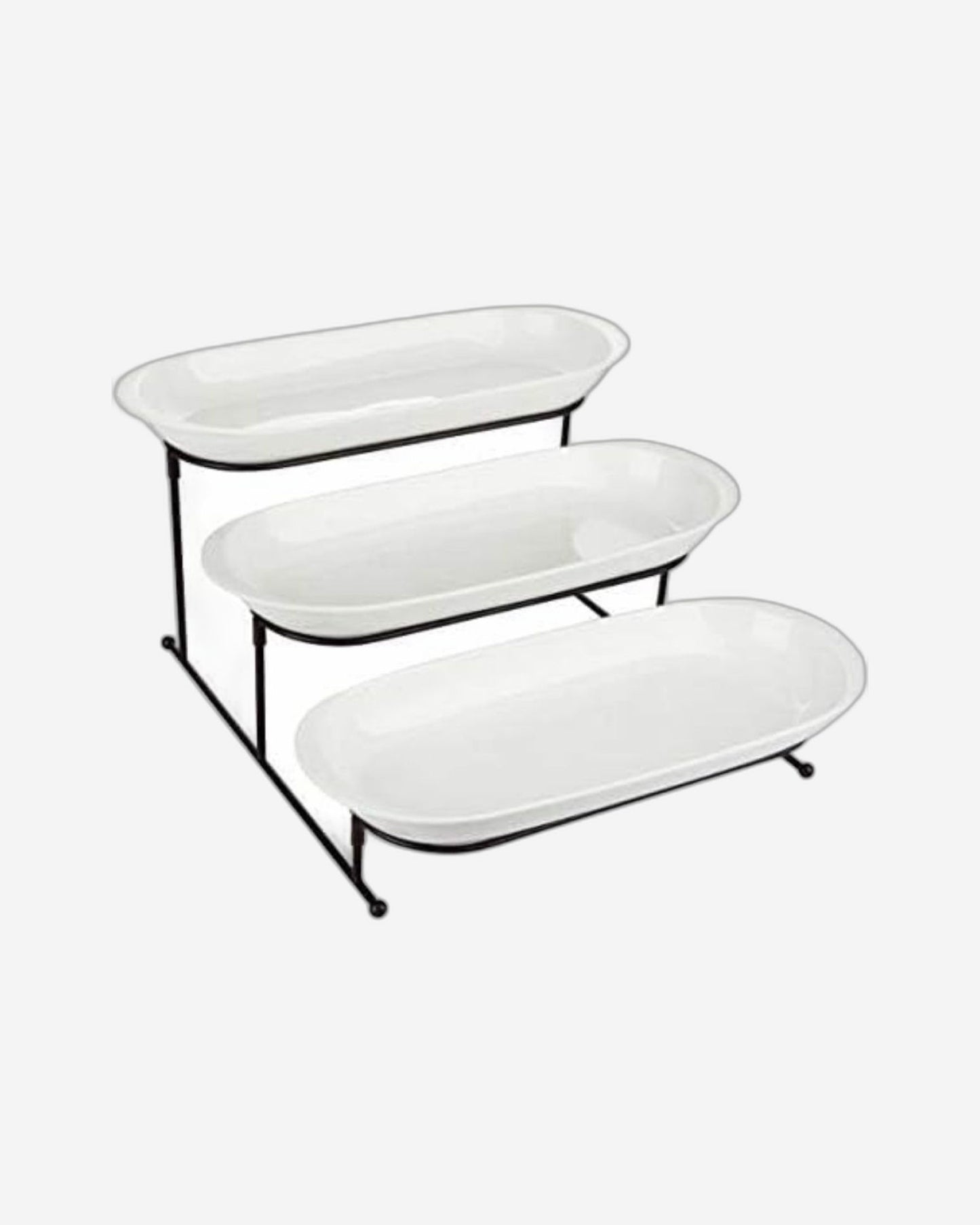 Shallow 3 Tier Porcelain Oval Plate with Stand, White, 3x40 cm
