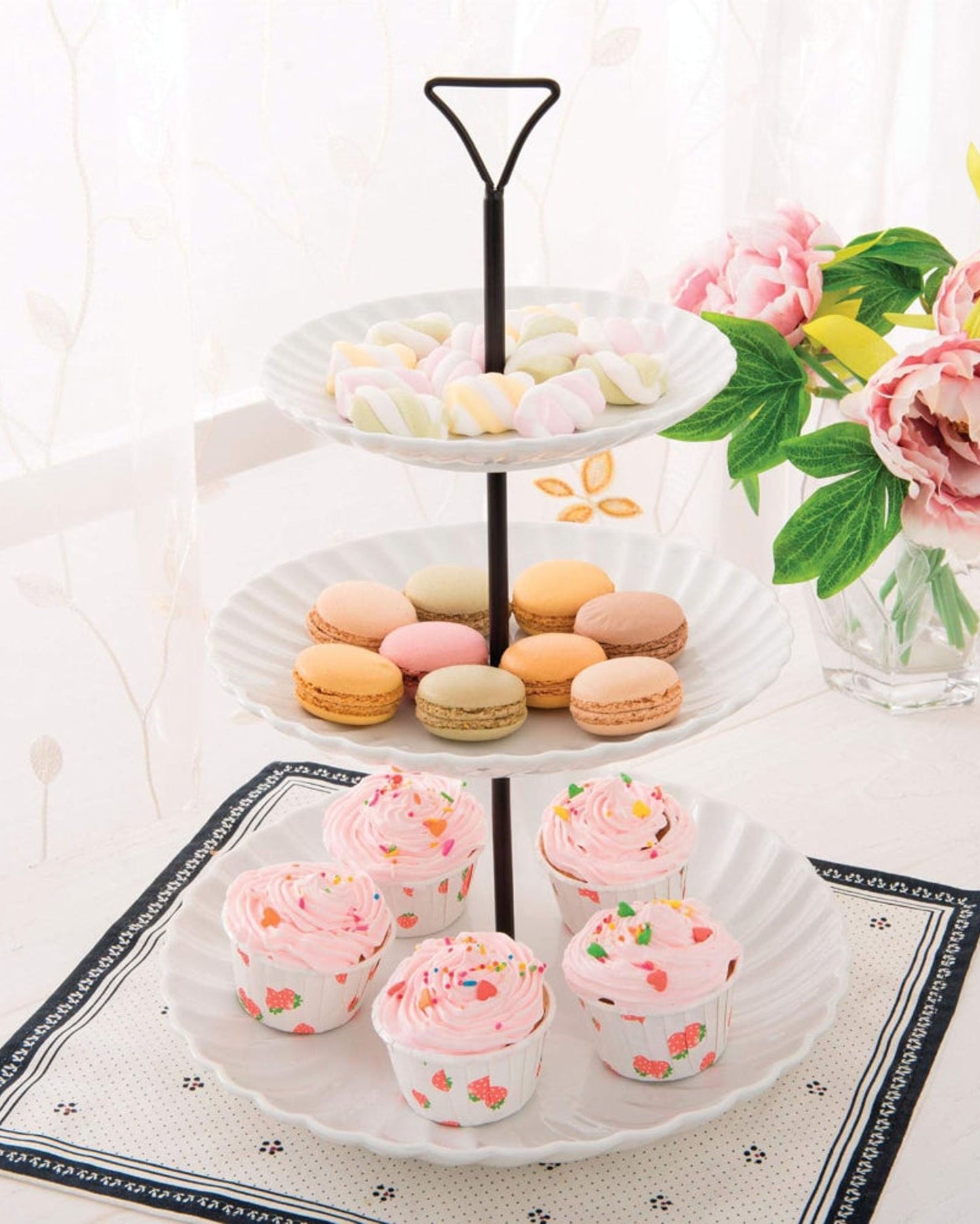 Shallow 3-Tier Serving Set, White Porcelain with Metal Stand - Elegant Serving Set for Snacks, Appetizers, and Desserts