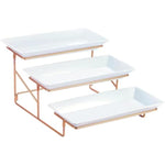 Bone China Shallow 14.5" 3-Tier Rectangular Plate with Gold Stand – Elegant Serving Set, White and Gold Design