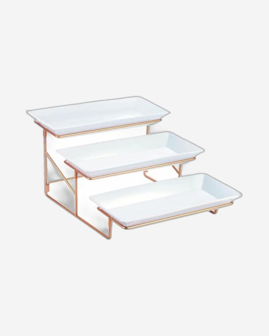 Bone China Shallow 14.5" 3-Tier Rectangular Plate with Gold Stand – Elegant Serving Set, White and Gold Design