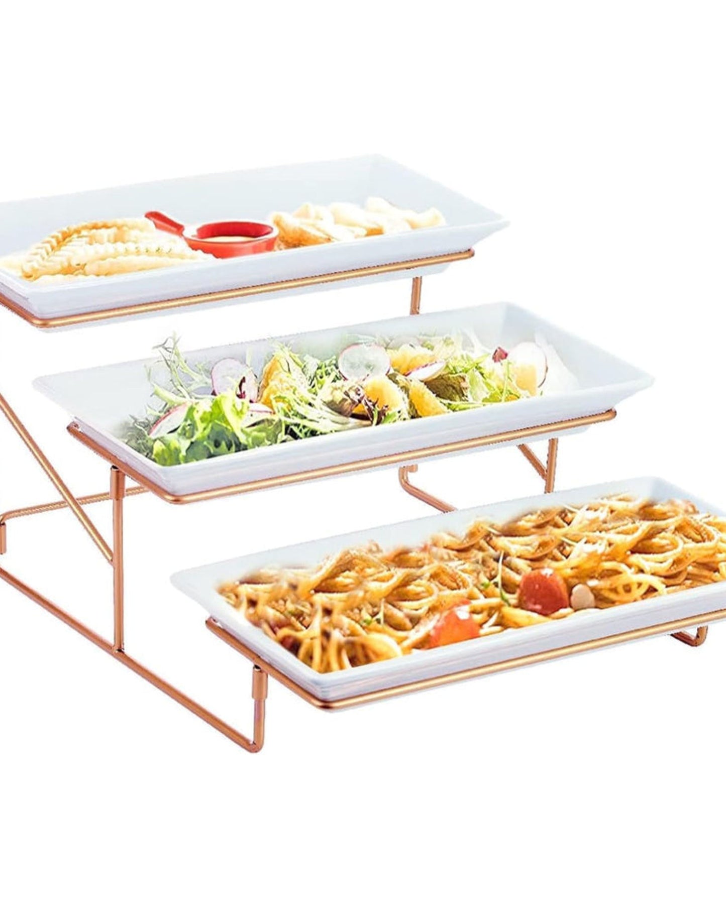 Bone China Shallow 14.5" 3-Tier Rectangular Plate with Gold Stand – Elegant Serving Set, White and Gold Design