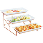 Bone China Shallow 14.5" 3-Tier Rectangular Plate with Gold Stand – Elegant Serving Set, White and Gold Design