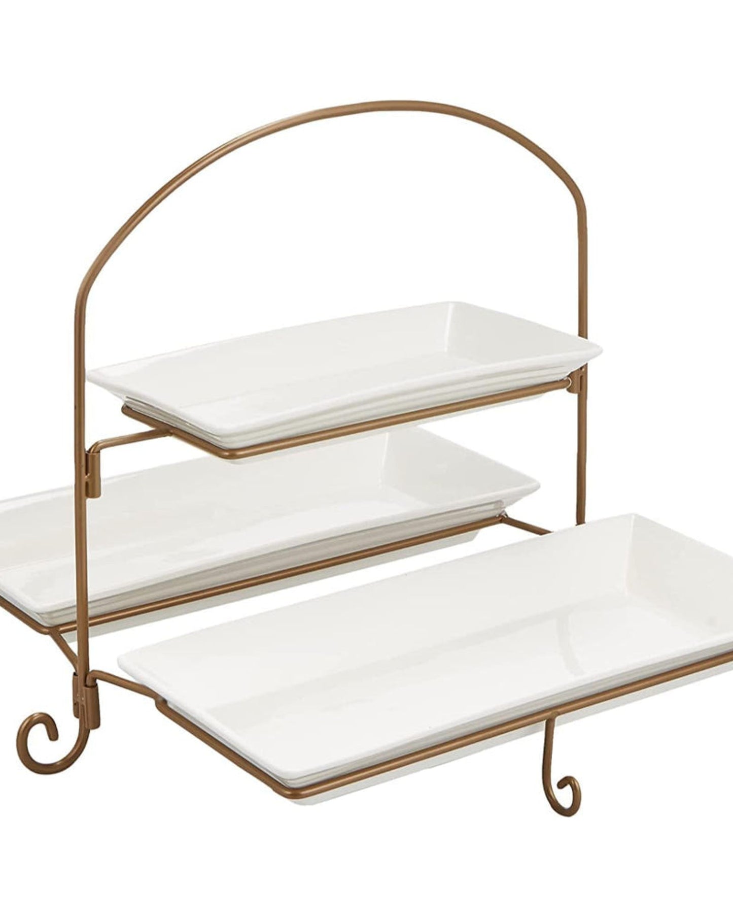 Shallow 2-Tier Rectangular Plate with Stand & Gold Rack - Porcelain Serving Set (27cm x 1, 37cm x 2) - Elegant White/Gold Design