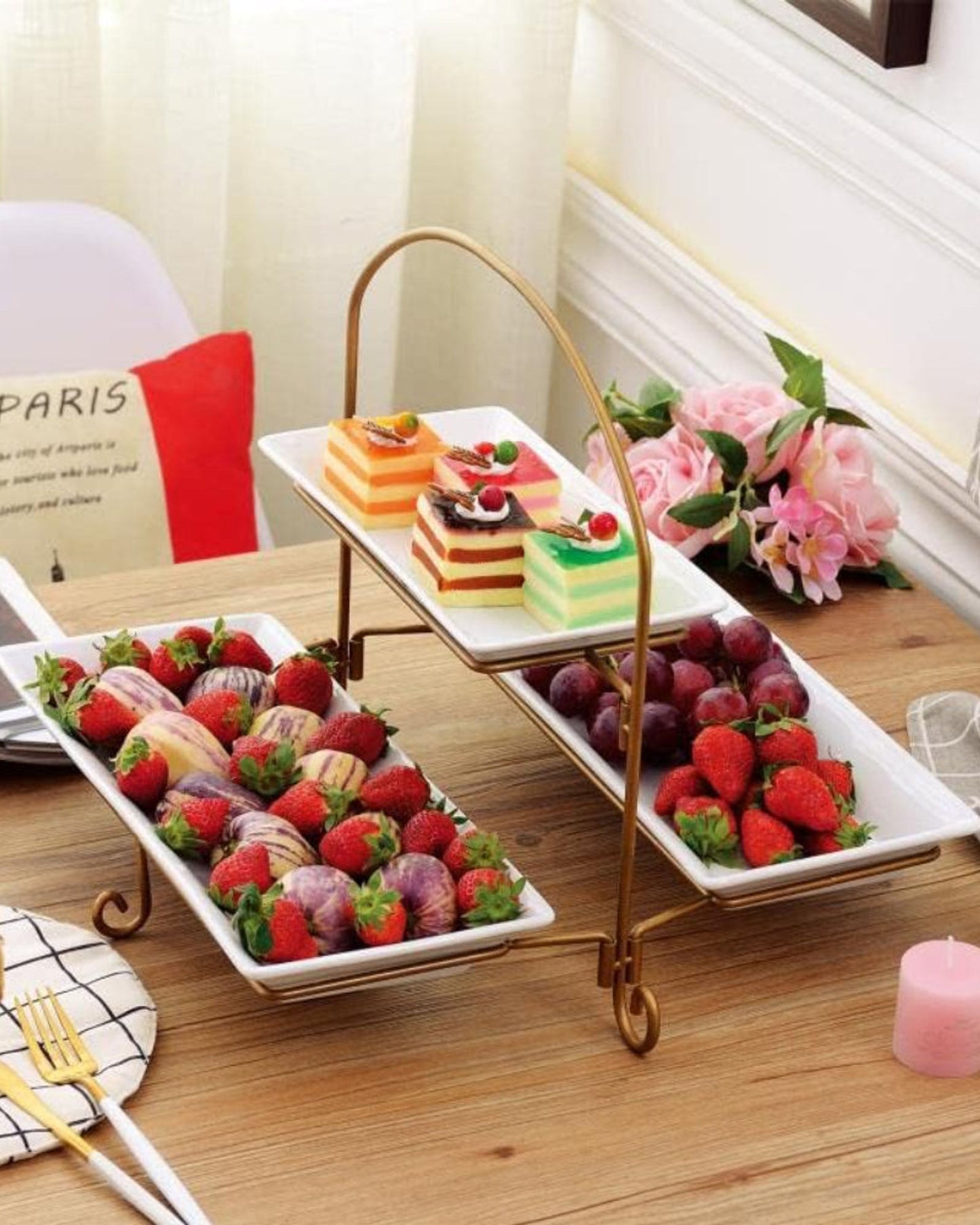 Shallow 2-Tier Rectangular Plate with Stand & Gold Rack - Porcelain Serving Set (27cm x 1, 37cm x 2) - Elegant White/Gold Design