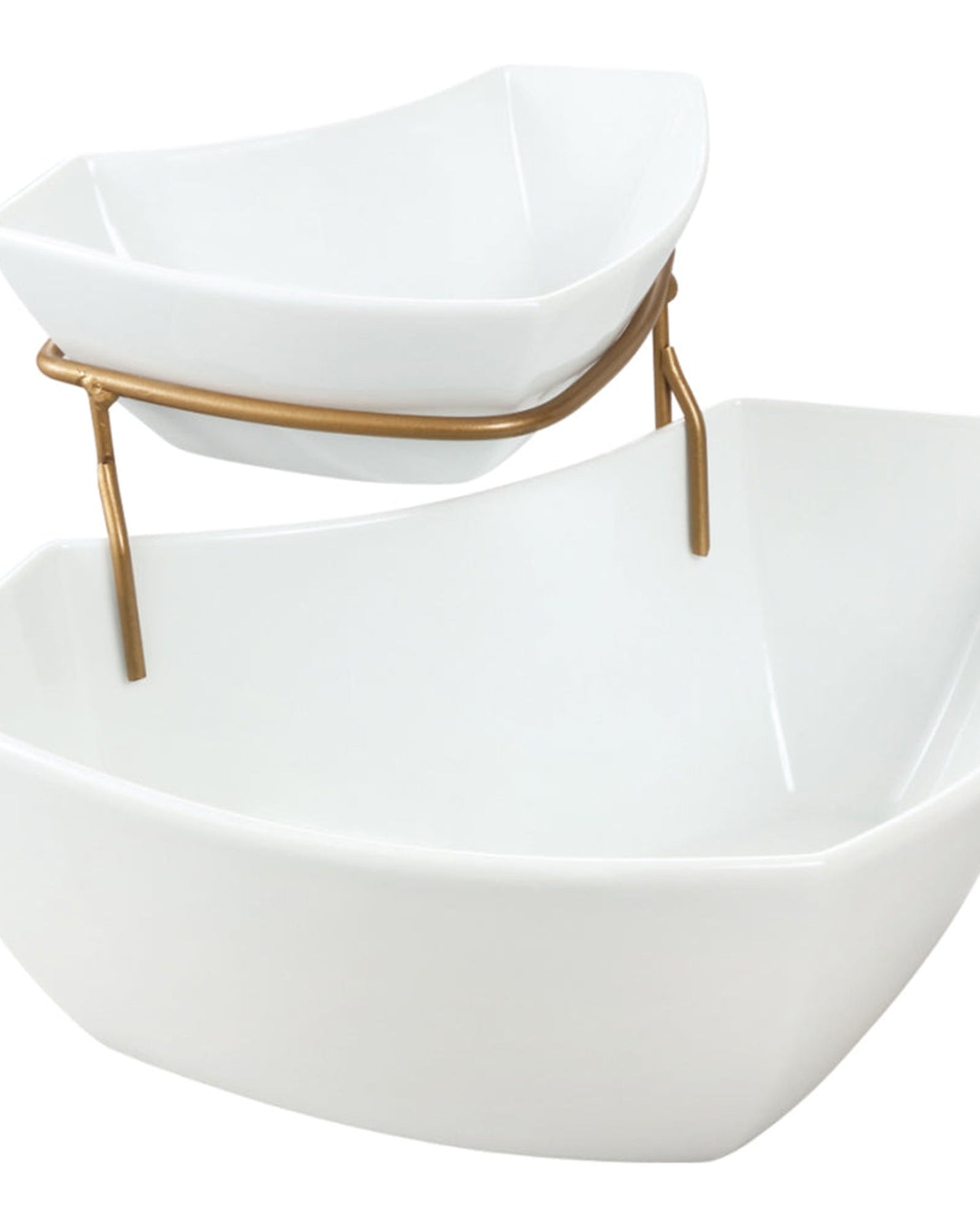 Shallow Porcelain Dip & Chip 2-Piece Set with Gold Stand, White, 30 cm – Elegant Serving Set for Appetizers and Snacks