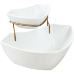 Shallow Porcelain Dip & Chip 2-Piece Set with Gold Stand, White, 30 cm – Elegant Serving Set for Appetizers and Snacks
