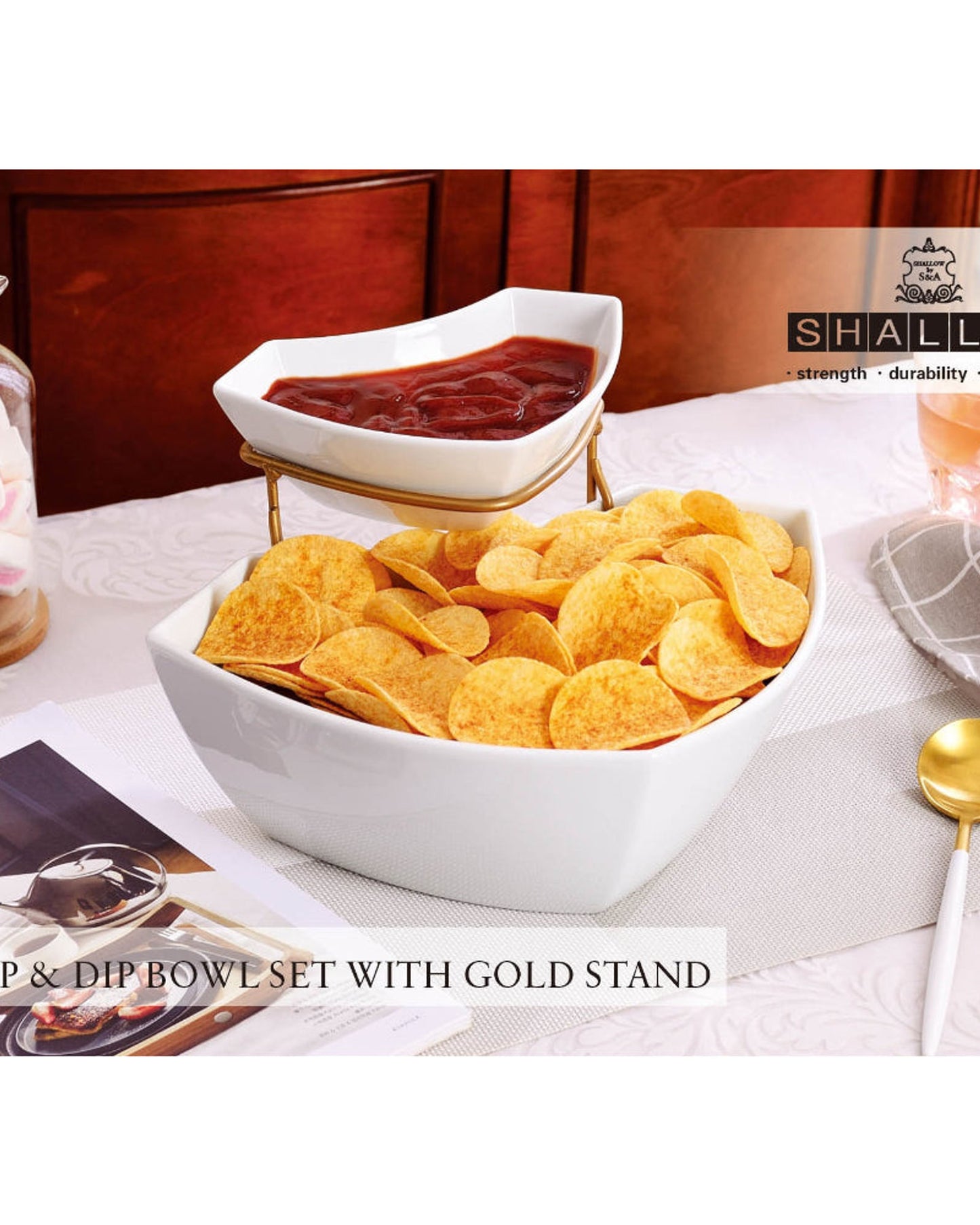 Shallow Porcelain Dip & Chip 2-Piece Set with Gold Stand, White, 30 cm – Elegant Serving Set for Appetizers and Snacks