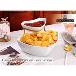 Shallow Porcelain Dip & Chip 2-Piece Set with Gold Stand, White, 30 cm – Elegant Serving Set for Appetizers and Snacks